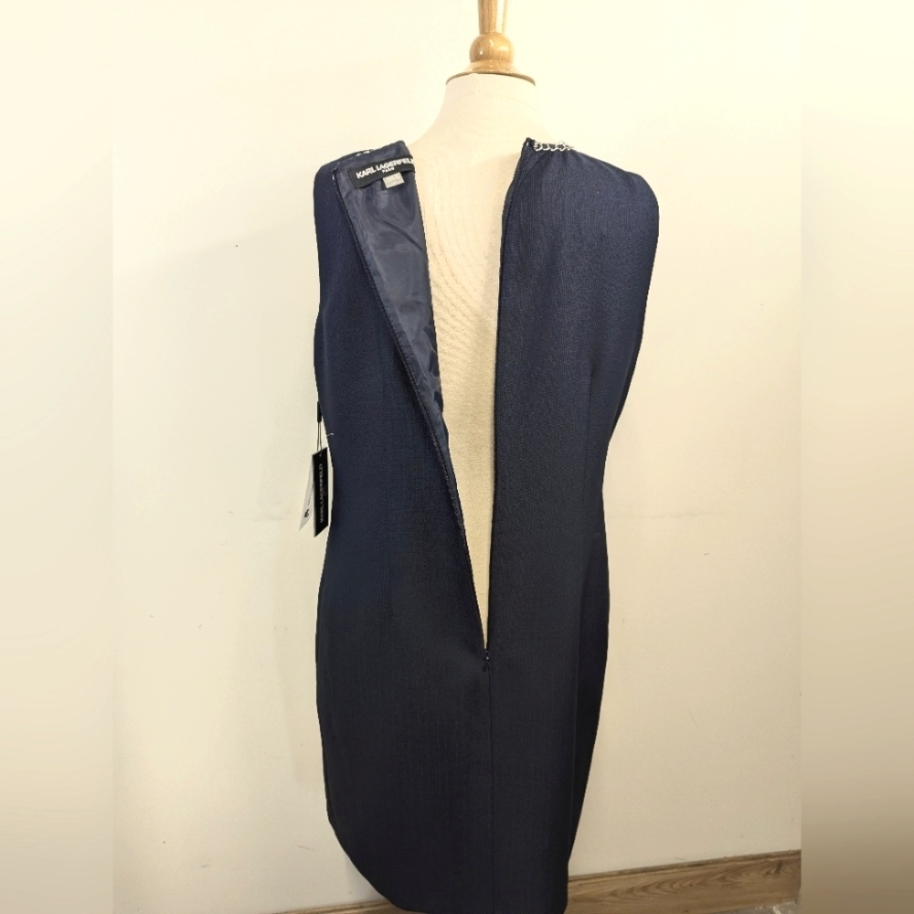 Karl Lagerfeld Elegant Navy Sleeveless Dress Shift Classic Chain Pearls 14 - Picture 13 of 17